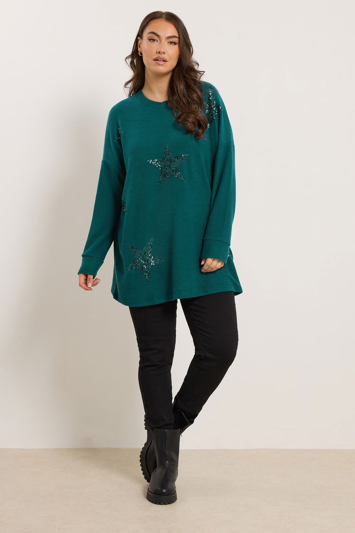 Büyük Beden Bisiklet Yaka Uzun Kollu Payetli Peluş Tunik 285061