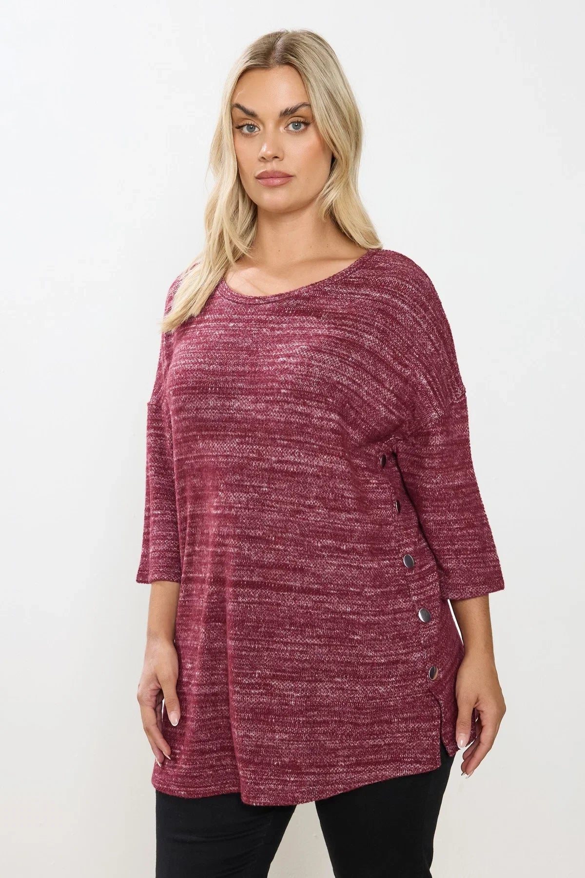 Büyük Beden Bisiklet Yaka Yarım Kol Düğme Detaylı Sweatshirt 304438