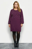 Büyük Beden İnci ve Taş Nakışlı Yumuşak Dokulu Mor Elbise 616396