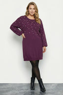Büyük Beden İnci ve Taş Nakışlı Yumuşak Dokulu Mor Elbise 616396