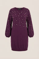 Büyük Beden İnci ve Taş Nakışlı Yumuşak Dokulu Mor Elbise 616396