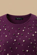 Büyük Beden İnci ve Taş Nakışlı Yumuşak Dokulu Mor Elbise 616396