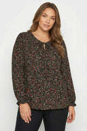 Büyük Beden İp Bağlamalı Siyah Çiçek Desenli Elbise 323002