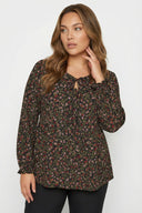 Büyük Beden İp Bağlamalı Siyah Çiçek Desenli Elbise 323002