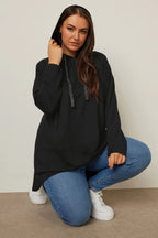 Büyük Beden Kapüşonlu Uzun Kollu Asimetrik Kesim Uzun Sweatshirt 304048