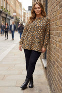 Büyük Beden Bisiklet Yaka Turuncu Leopar Desenli Yumoş Kazak 303869