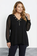 Büyük Beden Önü Fermuarlı Kuş Gözü Detaylı Kolları Tül Siyah Bluz 110880
