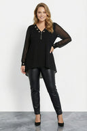 Büyük Beden Önü Fermuarlı Kuş Gözü Detaylı Kolları Tül Siyah Bluz 110880
