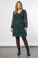 Büyük Beden Siyah Çiçek Desenli Kolları Tül Elbise 270367