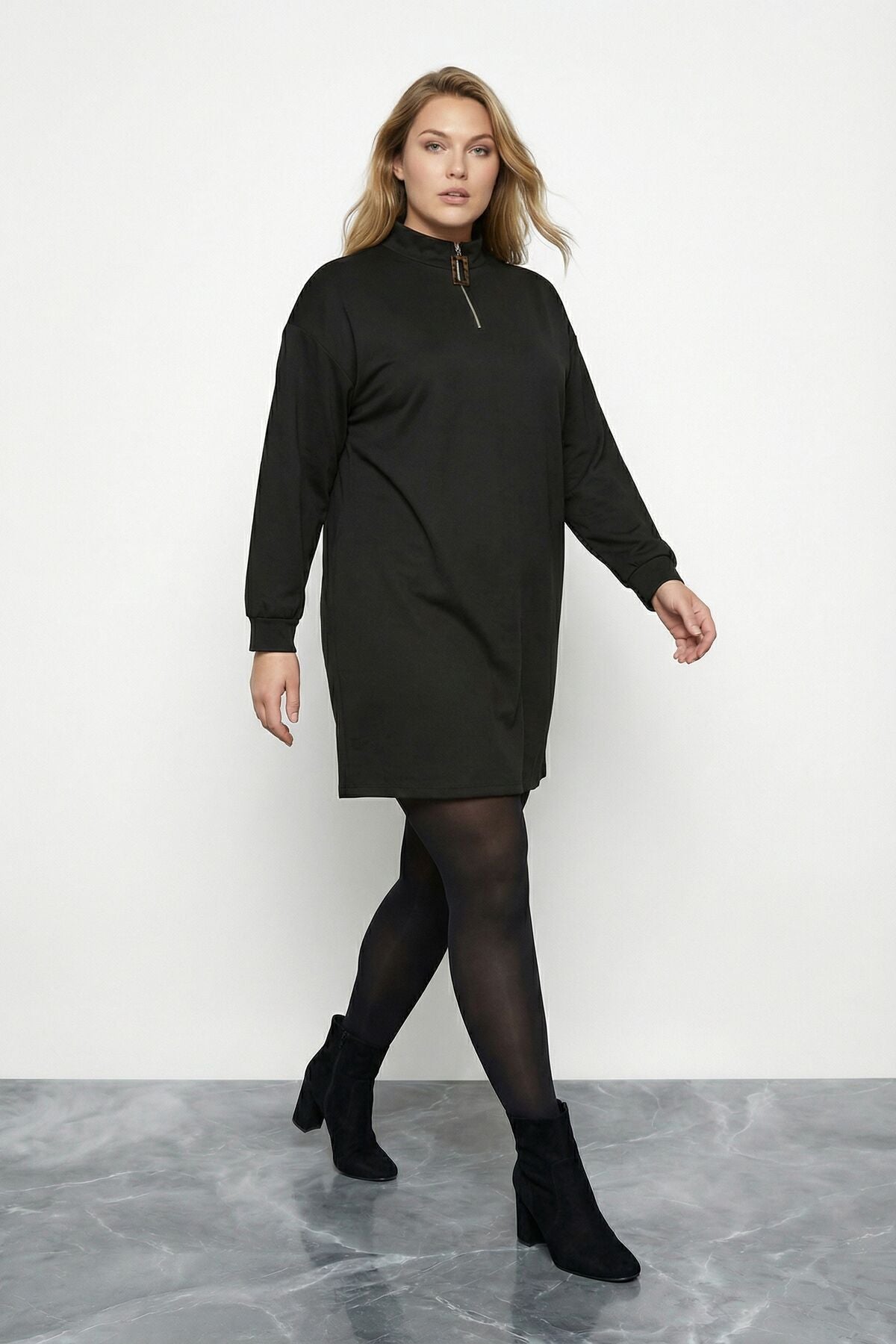 Büyük Beden Siyah Fermuarlı Mini Elbise 304489