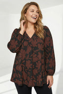 Büyük Beden Siyah Kahve Çiçek Desenli Piliseli Bluz 616652