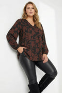 Büyük Beden Siyah Kahve Çiçek Desenli Piliseli Bluz 616652