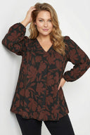 Büyük Beden Siyah Kahve Çiçek Desenli Piliseli Bluz 616652