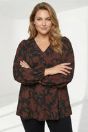 Büyük Beden Siyah Kahve Çiçek Desenli Piliseli Bluz 616652