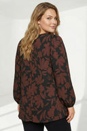 Büyük Beden Siyah Kahve Çiçek Desenli Piliseli Bluz 616652