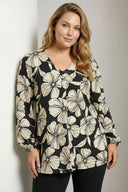 Büyük Beden Siyah Krem Kontrast Çiçek Desenli Jersey Krep Bluz 615820