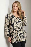 Büyük Beden Siyah Krem Kontrast Çiçek Desenli Jersey Krep Bluz 615820