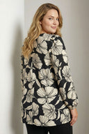 Büyük Beden Siyah Krem Kontrast Çiçek Desenli Jersey Krep Bluz 615820