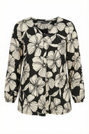 Büyük Beden Siyah Krem Kontrast Çiçek Desenli Jersey Krep Bluz 615820