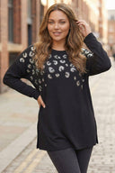 Büyük Beden Siyah Leopar Desenli Payetli Uzun Kollu Bluz 323079
