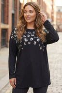 Büyük Beden Siyah Leopar Desenli Payetli Uzun Kollu Bluz 323079