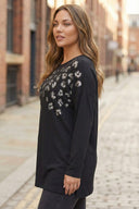 Büyük Beden Siyah Leopar Desenli Payetli Uzun Kollu Bluz 323079