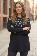 Büyük Beden Siyah Leopar Desenli Payetli Uzun Kollu Bluz 323079