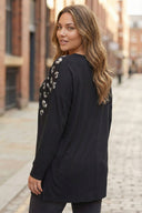 Büyük Beden Siyah Leopar Desenli Payetli Uzun Kollu Bluz 323079