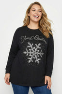 Büyük Beden Siyah Payetli Kar Tanesi Desenli Kazak 285080