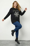 Büyük Beden Siyah Payetli Kar Tanesi Desenli Kazak 285080