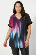 Büyük Beden Siyah Pembe Soyut Desenli V Yaka Bluz 616438