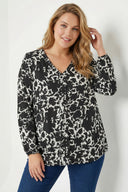 Büyük Beden Siyah Soyut Desenli Taşlı Bluz 615712