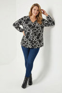 Büyük Beden Siyah Soyut Desenli Taşlı Bluz 615712