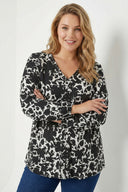 Büyük Beden Siyah Soyut Desenli Taşlı Bluz 615712