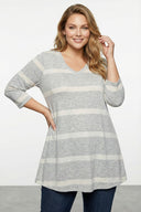 Büyük Beden V Yaka Eteği Bollaşan Çizgili Uzun Bluz 304028