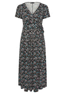 Büyük Beden V yaka Kısa Kollu Beli Kuşaklı Çiçek Desenli Maxi Elbise 304081