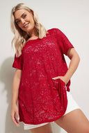 Büyük Beden V Yaka Kısa Kollu Dantel Desen Astarsız T-shirt 304093