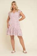 Büyük Beden V Yaka Kısa Kollu Dantel Detaylı Kolları Fırfırlı Astarlı Mini Elbise 304109