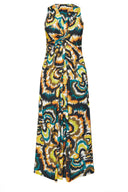 Büyük Beden V Yaka Sıfır Kol Önü Büzgülü Soyut Desenli Maxi Elbise 616343