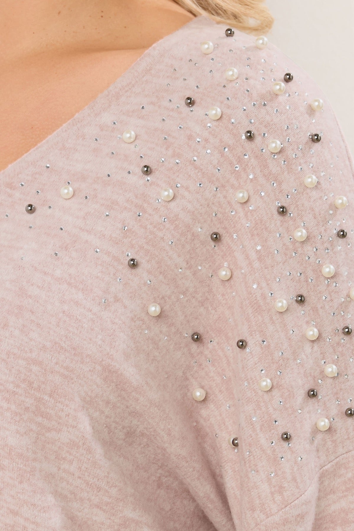 Büyük Beden V Yaka Uzun Kollu Boncuklu Peluş Sweatshirt 285055