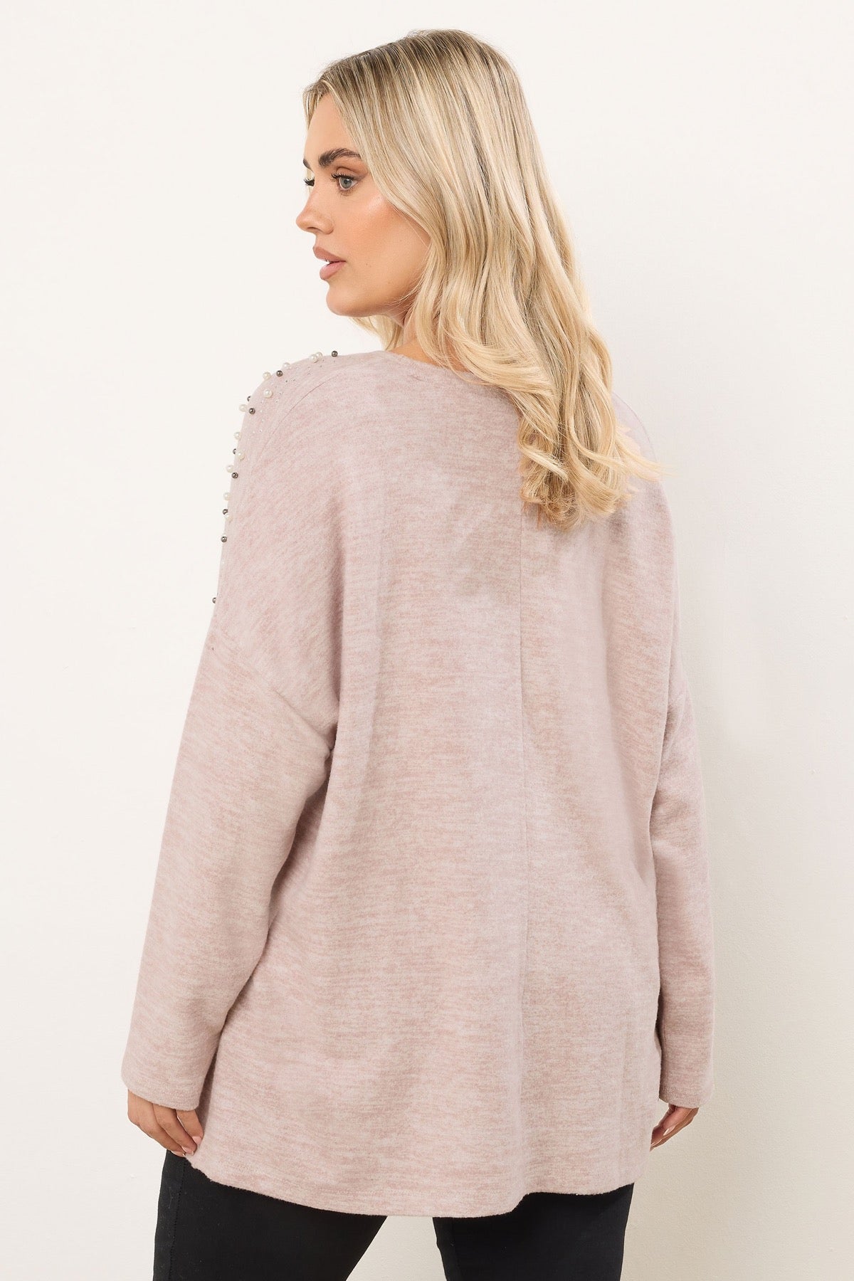 Büyük Beden V Yaka Uzun Kollu Boncuklu Peluş Sweatshirt 285055