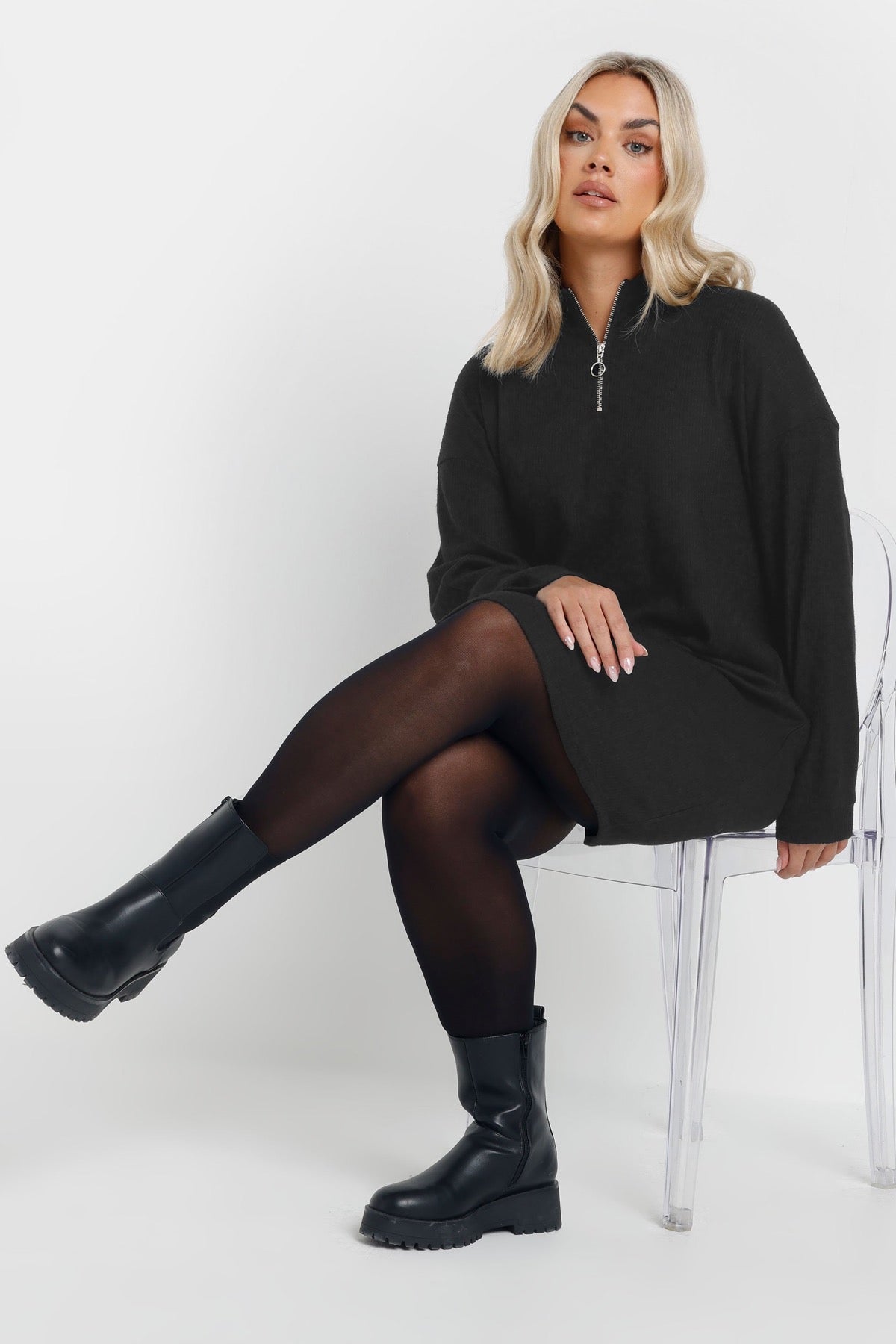 Büyük Beden V Yaka Uzun Kollu Fitili Kumaş Midi Elbise 303855