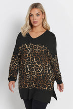 Büyük Beden V Yaka Uzun Kollu Leopar Desenli T-shirt 303784