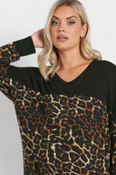 Büyük Beden V Yaka Uzun Kollu Leopar Desenli T-shirt 303784