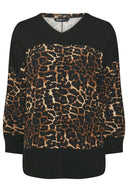 Büyük Beden V Yaka Uzun Kollu Leopar Desenli T-shirt 303784