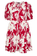 Büyük Beden Yakası Bağlamalı Çiçek Desenli Bürümcük Kumaş Diz Üstü Elbise 304113