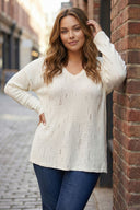 Büyük Beden Yırtık Detaylı Ekru Triko Kazak 89-139