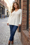 Büyük Beden Yırtık Detaylı Ekru Triko Kazak 89-139