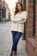 Büyük Beden Yırtık Detaylı Ekru Triko Kazak 89-139