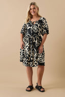 Büyük Beden Yakası Büzgülü Kısa Kollu Beli Lastikli Midi Elbise 304140